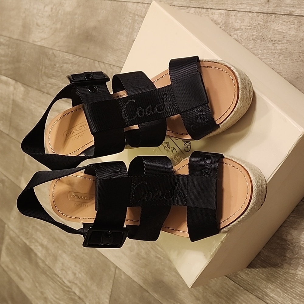 Coach Black Wedge Sandals with Tan Accents - Picture 10 of 10